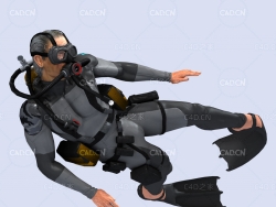 潜水员向右侧游走姿势动画深海潜水蛙人C4D模型DiverHunter-swim right
