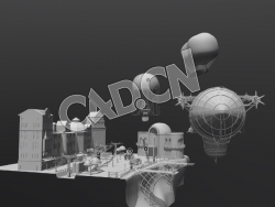 C4D航空站热气球模型 Blocking "Air station"