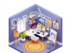 蓝色平面设计师等距卡通办公场景室内插画图标元素模型 3d workspace illustrations