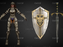 铠甲女武士盾牌宝剑C4D游戏角色模型 Warrior in armor