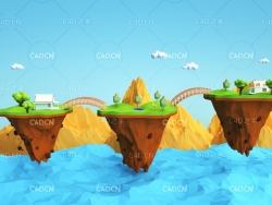 C4D OCTANE低面多边形海上浮岛卡通场景