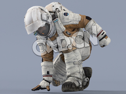 单手扶地的白色太空服大胡子男性宇宙飞行员Sit