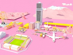 粉黄色纸面多边形卡通建筑场景 Color Scheme