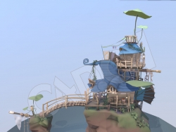 梦幻海岛小木桥木屋房子卡通场景C4D模型