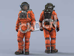 站立的桔黄色太空服年轻女性宇宙飞行员Idle Relax
