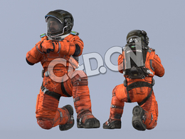 跪地检查手表的桔黄色太空服大胡子男性宇宙飞行员Sit
