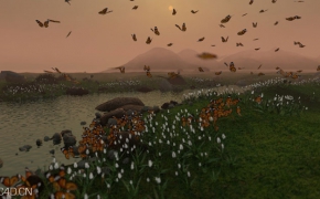 河边花丛蝴蝶飞舞场景C4D模型 C4D Landscape Model