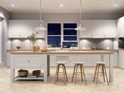 法国乡村厨房开放式厨房餐厅场景3D模型 French Country Kitchen Interior 3D Model