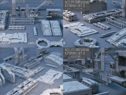 科幻风格建筑 机械 飞船结构C4D模型包 Scifi dressing kitbash set 2 3D asset