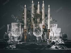 桌子上的餐具模型酒杯盘子蜡烛叉子勺子酒壶插花C4D白模