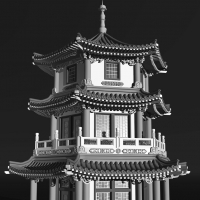 C4D古建模型：3层宝塔阁楼3D模型（高精模） pagoda 3d model