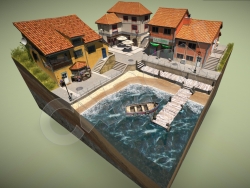 西班牙阿斯图里亚斯库迪列罗海边民宿建筑场景C4D模型 Cudillero Bake Final