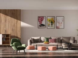 C4D Octane高精度现代风格室内客厅三维模型工程全套（含边柜壁画沙发绿植贴图材质等多元素搭配）