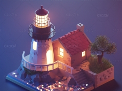 发光灯塔低面多边形房子建筑卡通C4D模型lighthouse