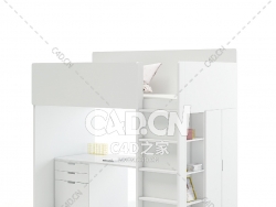 带书桌的白色双层床C4D模型下载 White Bunk Bed with Desk