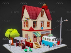 卡通房屋建筑汽车模型 Cartoon house