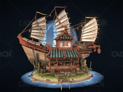 海上的木船建筑卡通模型 dae villages shipwrecked chinese supply store