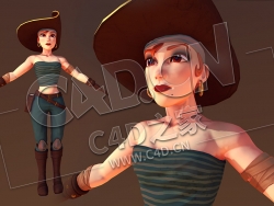 C4D戴帽子的国外女人卡通女性角色人物模型 Pirate_Low