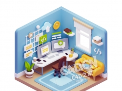 浅蓝色代码工程师等距卡通办公场景室内插画图标元素模型 3d workspace illustrations