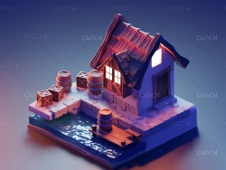 低面多边形海边木屋卡通建筑场景C4D模型waterfront