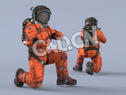 跪地检查手表的桔黄色太空服年轻男性宇宙飞行员Sit
