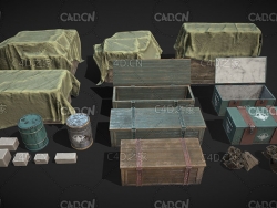 军用物资木箱油桶麻袋C4D模型 Military supplies 3d model