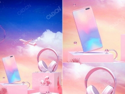 电子产品展示电商海报焕彩手机耳机展品渲染C4D OCTANE模型