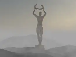C4D烟雾缭绕的山上手举桂冠的铜像工程fog statue project