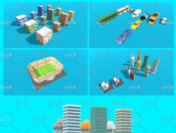 低面多边形卡通城市建筑C4D模型包 Low Poly Modular City Pack