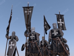 举旗戴头盔的中世纪十字军队骑士士兵Knights