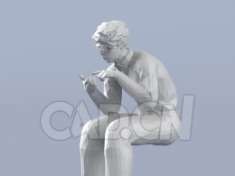 低面多边形卡通人物坐着玩手机的眼镜男孩模型