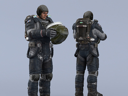 双手抱头盔站立深蓝色宇航服年轻男性太空飞行员idle Helmet Scifi PutOn