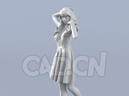 低面多边形卡通人物抚弄头发的长裙女孩模型