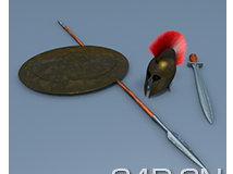 C4D武器模型：长矛、盾牌、剑、头盔