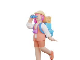 卡通小女孩旅行中拿望远镜观察