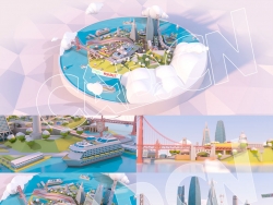 C4D低多面卡通沿海城市微观沙盘场景模型