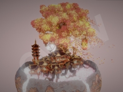 秋叶飘落中式古建像素模型C4D模型