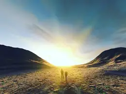 少年与机器人在贫瘠的山上行走的C4D创意工程