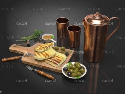 茶壶茶杯烤奶酪食品模型 cheese 3d model切菜板碗叉子烤奶酪罐子橄榄草药牛至红铜水壶