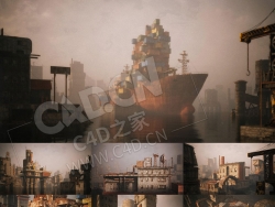 荒芜颓废的海上城堡货轮废墟生锈破旧的客机港口码头建筑C4D模型 Wasteland