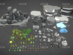 低面多边形植物石头景观装饰C4D模型 Low polygonal plant stone