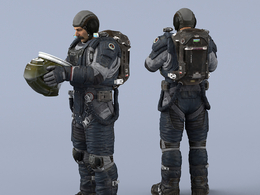 双手抱头盔站立深蓝色宇航服中年男性太空飞行员idle Helmet Scifi PutOn