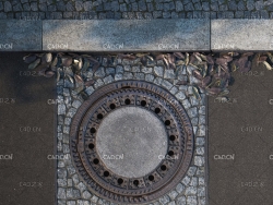 人行道边的圆型金属排水沟井盖C4D VRAY模型 manhole cover