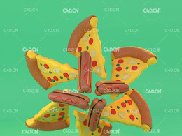 C4D Octane卡通热狗和披萨模型 Cinema 4D 3D Model Cartoon Hot Dogs and Pizza