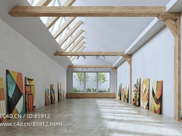 现代简约抽象画展厅C4D室内模型