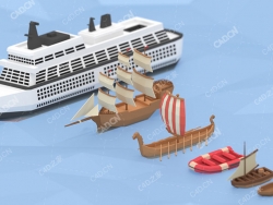 6个低面多边形木船帆船游艇海盗船模型Ships