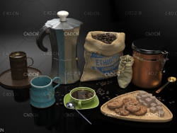 咖啡器具C4D模型 coffe 3d model 咖啡壶杯子咖啡机咖啡豆袋子小布袋麻袋