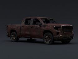 生锈报废轮胎掉落的红色皮卡汽车C4D模型Red pickup truck