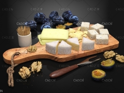 切菜板叉子牙签奶酪碎片奶酪片李子核桃仁切开的李子切块的奶酪食品模型 Food 3D Model