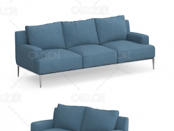 蓝色布艺沙发客厅三人双人沙发C4D模型 sofa 3d model